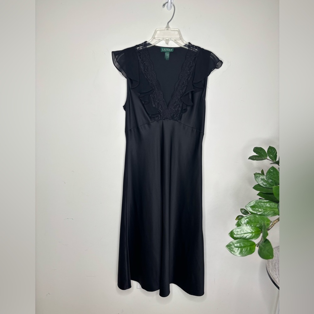 BN6‎ Lauren Ralph Lauren Lingerie Black Midi Dress Lace trim Women Small